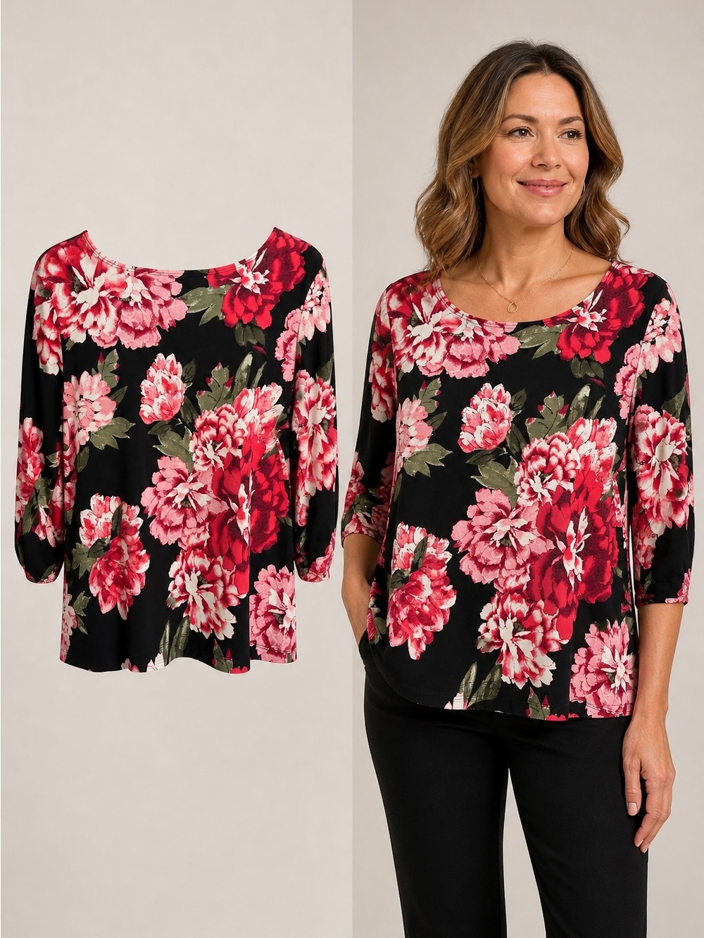 Chico’s Easywear Black Floral Stretch 3/4 Sleeve Top Size 2 Large